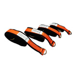 Four Frontline Fall Protection MPS Cross Arm Straps with reinforced webbing, metal D-rings, and instruction labels are lined up side by side on a white background, providing superior abrasion protection.