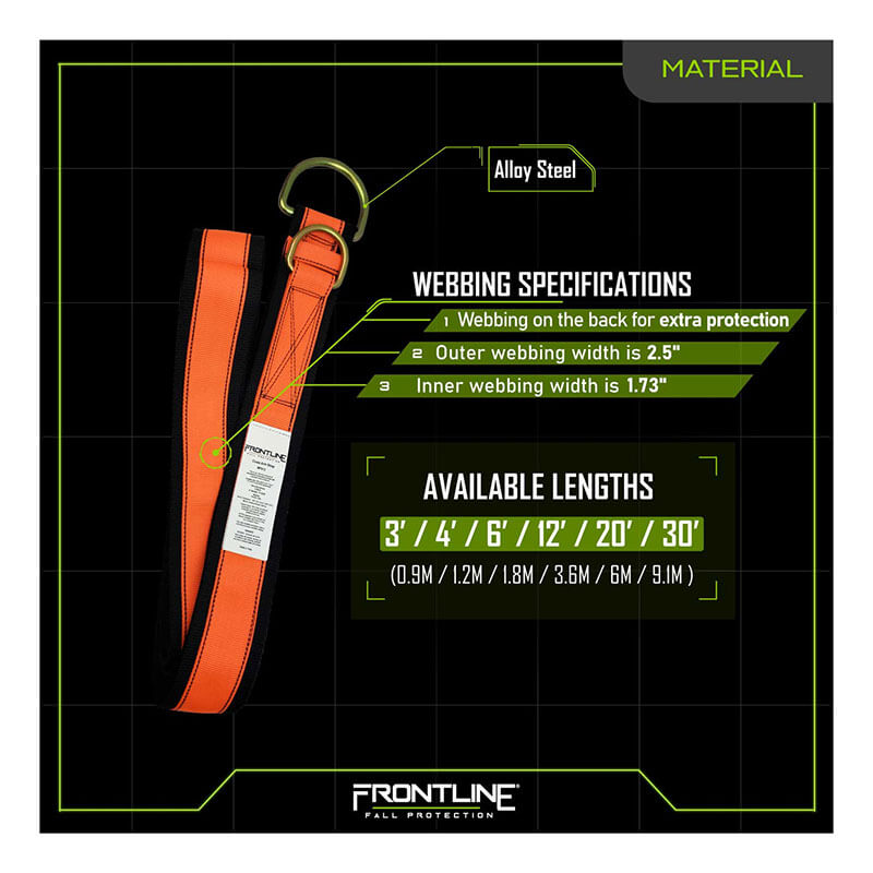 The Frontline MPS Cross Arm Strap with Reinforced Webbing by Frontline Fall Protection features abrasion-resistant orange webbing, alloy steel hardware, metal hook, and is available in lengths from 3 to 30 ft. Webbing specs and durability are highlighted.