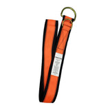 The Frontline MPS Cross Arm Strap with Reinforced Webbing by Frontline Fall Protection features orange and black colors, a gold metal D-ring, reinforced webbing, and a white label, shown on a white background.
