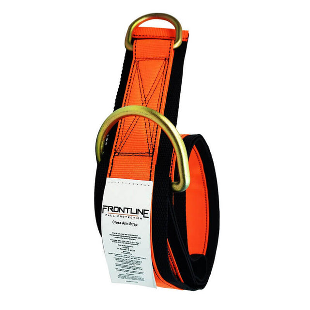 An orange and black Frontline Fall Protection MPS Cross Arm Strap with reinforced webbing, abrasion protection, two large gold D-rings, and a white label.