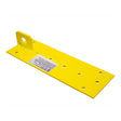 The French Creek Reusable Single Plate Roof Anchor MRA-R1, produced by French Creek Production, is a yellow rectangular metal bracket designed for roof anchoring. It has a mounting hole at one end and multiple smaller holes for bolts. A white label on the surface indicates its suitability for reusable fall protection applications.