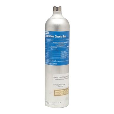 An MSA Calibration Testing Multigas Aluminum Cylinder, adorned with a blue label, is specifically designed for conducting calibration checks on an Altair monitor. The label provides detailed product information and specifications, and the cylinder is equipped with a capped valve at the top.