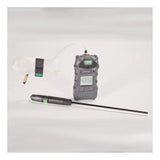 The MSA Altair 5X Multigas Detector Kit, Model 1011692_, by MSA, is a digital instrument equipped with a display screen and control buttons. It is connected to an extended probe and a transparent flexible tube. This black device, highlighted with green accents, utilizes advanced XCell Sensor Technology for accurate measurement and monitoring.