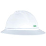 The MSA V-Gard 500 Slotted Full Brim 6-point Hard Hat, model 1016, is a white protective helmet that displays a small green MSA logo on the side. Its sleek and rounded design includes ventilation slots to ensure optimal air circulation.