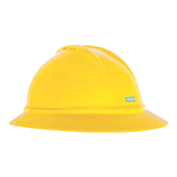 The MSA V-Gard 500 Slotted Full Brim 6-point Hard Hat 1016, available in a case of 20, is a yellow hard hat with a wide brim and a discreet logo on the side, engineered for excellent air circulation and enhanced protection.