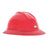 A red MSA V-Gard 500 Slotted Full Brim 6-point Hard Hat, emblazoned with the MSA logo on the front, boasts a glossy finish and features a full brim for enhanced protection. This protective headgear meets ANSI/ISEA Z89.1-2014 standards and has a sleek, curved design for optimal structural integrity.