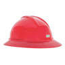 A vibrant red MSA V-Gard 500 Slotted Full Brim 6-point Hard Hat featuring a sleek surface and a small green "MSA" logo on the front. This protective helmet includes a wide brim and ventilation slots for optimal air circulation.