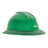 The MSA V-Gard 500 Slotted Full Brim 6-point Hard Hat in green, conforming to ANSI/ISEA Z89.1-2014 standards, offers a streamlined design with its wide brim and top ridges for superior protection, making it a preferred option among protective headwear.