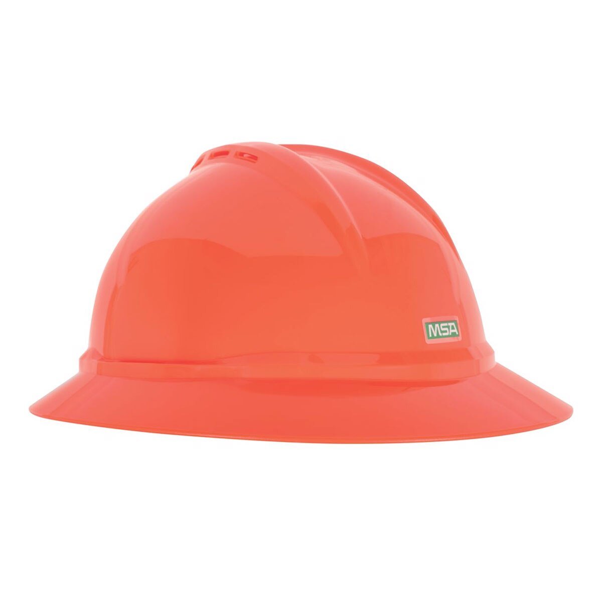 The MSA V-Gard 500 Slotted Full Brim 6-point Hard Hat 1016, available in cases of 20, features a smooth finish with a discreet MSA logo on the side. Its wide brim, robust construction, and superior air circulation make it an indispensable safety accessory for construction and industrial environments.