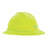 This MSA V-Gard 500 Hi-Viz Green slotted full brim 6-point hard hat prominently features the MSA logo on the side. Designed to meet ANSI/ISEA Z89.1-2014 standards, it is a dependable choice among protective helmets.