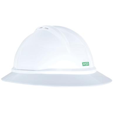 The MSA V-Gard 500 Slotted Full Brim 6-point Hard Hat, available in white, showcases a wide brim and prominently displays the green MSA logo on the side. It is engineered to enhance air circulation for maximum comfort.