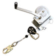 The French Creek 50ft Galvanized Winch MW50G by PK Safety Supply includes a hand-operated winch with a metal crank, seamlessly integrated into a cable and pulley system. Its galvanized finish enhances durability, and the robust metal hook and clip make it perfect for various lifting or towing tasks.