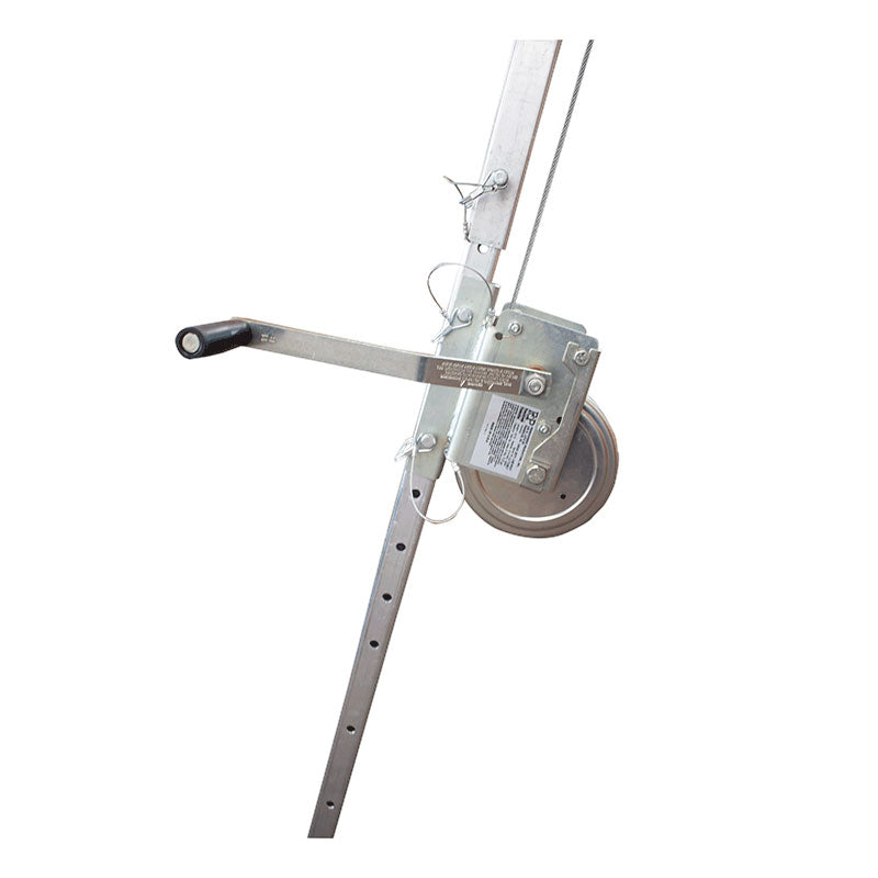Close-up of the French Creek 50ft Galvanized Winch MW50G by PK Safety Supply, mounted on a metal pole. The winch includes a crank handle and gear mechanism, featuring multiple holes for adjustable positioning. The setup is displayed in a neutral setting with a white background.