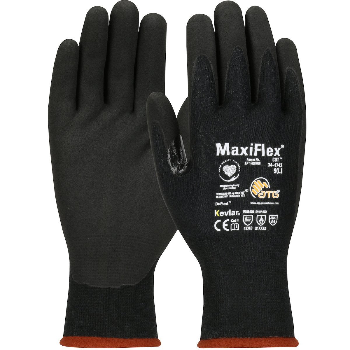 Close-up image of a pair of PIP MaxiFlex Cut Seamless Knit DuPont Kevlar Gloves in black with orange trim. The right glove showcases text and logos highlighting its features, such as durable cut protection and superior grip. Ideal for safety and work purposes, these gloves offer touchscreen compatibility.