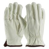 The PIP Top Grain Cowhide Leather Drivers Gloves 77-268 (12 pairs) by Protective Industrial Products showcase white cowhide leather with elasticized wrists and brown trim at the cuffs, displayed from both palm up and back views. A keystone thumb enhances flexibility, while the red foam lining offers superior comfort for prolonged use.