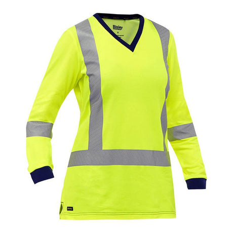 The PIP Bisley X-Back Women's Long Sleeve Shirt 313W6118X by Protective Industrial Products is a bright yellow safety shirt designed for high visibility. It features reflective silver bands on the sleeves, chest, and waist, along with a navy blue V-neck collar and cuffs. This shirt meets CSA Z96 Class 2 standards to ensure optimal safety.