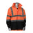 A mannequin showcases the PIP Viz All Purpose Waterproof Jacket w/Black Bottom 353-1200 by Protective Industrial Products. This ANSI-compliant, high-visibility jacket in orange and black is equipped with reflective gray stripes, a high collar, and a snap-button closure to ensure optimal protection against the elements.