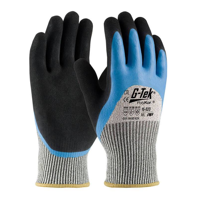 A pair of PIP G-Tek PolyKor gloves with black palms and blue backs, featuring gray, textured fabric for the wrist area. The seamless knit design ensures comfort, while the PIP brand name and product details are visible on the back of one glove.