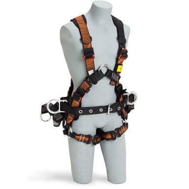 A gray mannequin displays the Skylotec Tower Pro Harness with Aluminum D-rings G-1080, perfect for tower climbing. This safety harness showcases orange and black straps paired with metal buckles and rings, designed for fall protection in industrial or construction settings.