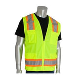 A mannequin is displaying a neon yellow safety vest, the PIP ANSI Class 2 Two-Tone Six-Pocket Surveyor's Vest by Protective Industrial Products, featuring orange and silver reflective stripes over a black shirt. This versatile surveyor's vest includes multiple pockets for convenience and functionality.