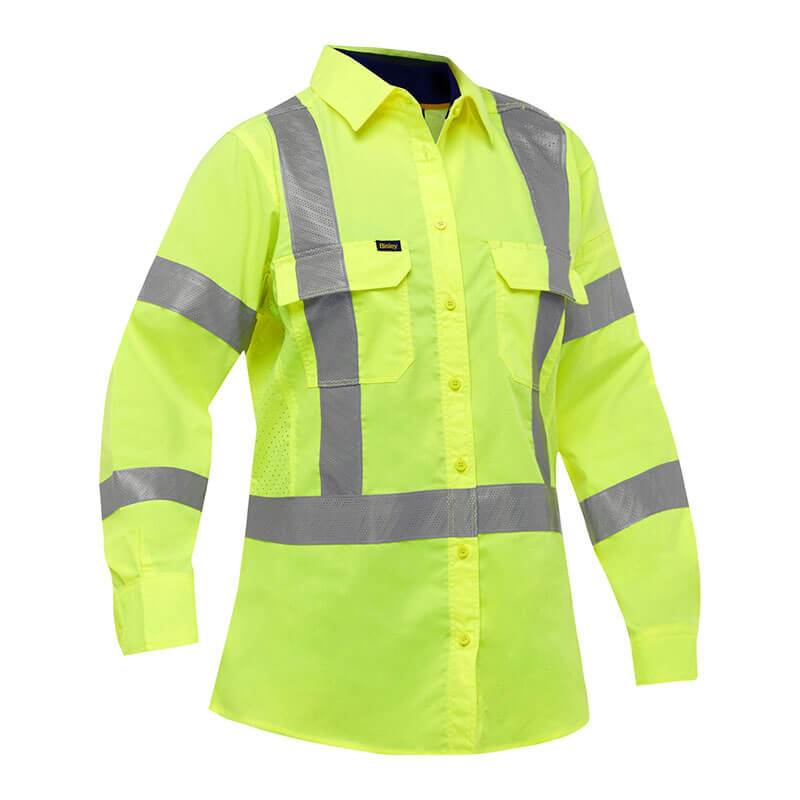 The PIP Bisley Women's Long Sleeve Work Shirt w/X-Airflow 313W6490X by Protective Industrial Products is a vibrant yellow high-visibility safety shirt designed for women. It features silver reflective tape on the front, a button-down style, long sleeves, and two chest pockets in the front.