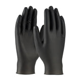 A pair of PIP Ambi-dex Turbo Disposable Nitrile Gloves 2920, in black. These powder-free gloves by Protective Industrial Products feature a smooth texture and stand upright, fingertip to fingertip, with one glove slightly in front of the other.