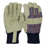 A pair of PIP Pigskin Leather Palm Gloves featuring beige leather on the palm and fingers, a striped fabric pattern on the back, and black elasticized cuffs. Designed by Protective Industrial Products for cold weather applications, these gloves include added thermal lining for warmth.