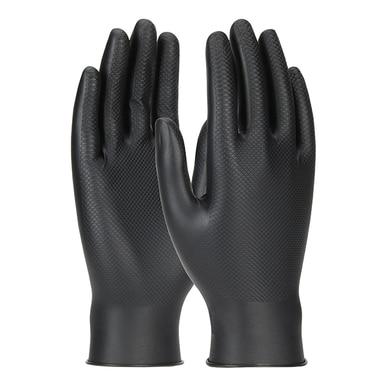 A pair of PIP Grippaz Skins Gloves 67-246 in black, featuring a texture akin to fish scales, face each other with one slightly overlapping. These synthetic nitrile gloves from PIP - Protective Industrial Products are designed for enhanced protection and superior grip.