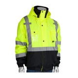 The mannequin displays the PIP Rip Stop Premium Plus Bomber Jacket (Fleece Liner, D-Ring 333-1770) by Protective Industrial Products. This high-visibility ANSI Type R Class 3 jacket features a bright yellow color with reflective silver strips, a black bottom half, a hood, multiple pockets, and a front zipper with buttons. The white background enhances its visibility.