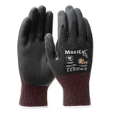 A pair of black and red PIP MaxiCut Ultra Nitrile MicroFoam A6 Gloves, model 44-6745F, showcases visible safety icons and branding. These gloves offer enhanced texture with their Nitrile MicroFoam Grip and are designed for cut resistance, comfort, and touchscreen compatibility in industrial or construction settings.