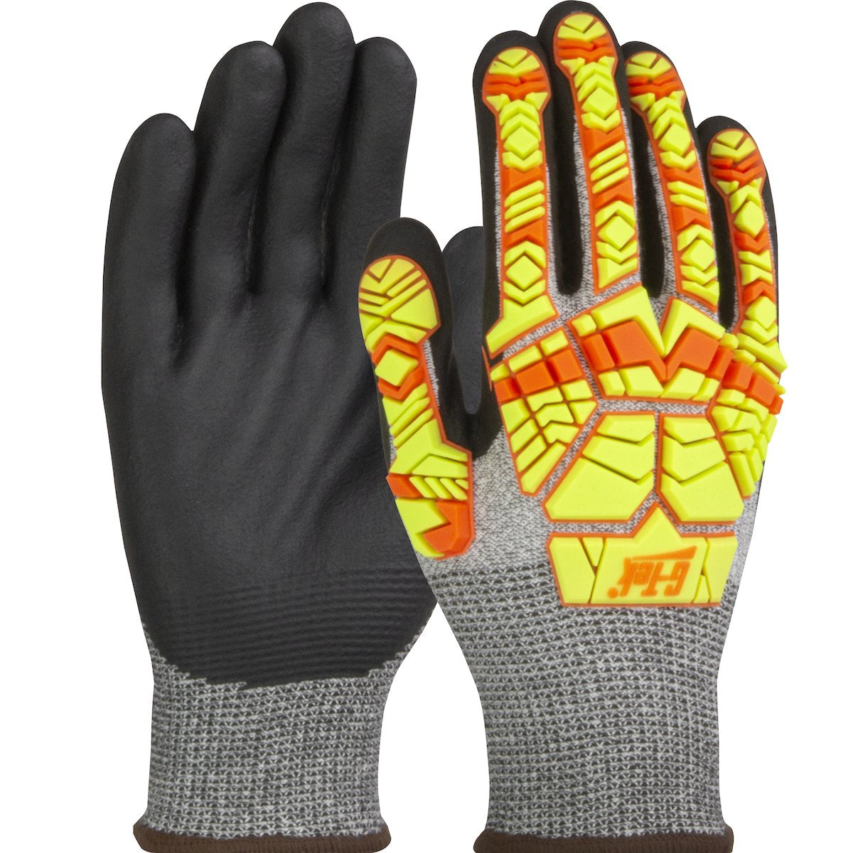 Introducing the PIP G-Tek PolyKor Glove w/Hi-Vis Impact & Nitrile Foam 16-MP230HV from Protective Industrial Products: high-performance safety gloves featuring a dark palm and vibrant yellow and orange protective padding on the back for enhanced impact protection. The nitrile foam coated textured surface provides an exceptional grip, making them perfect for industrial or heavy-duty applications.