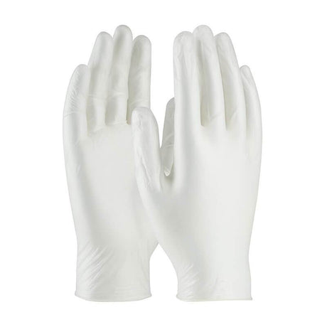 Displayed against a plain background are the PIP Ambi-dex Industrial Grade Disposable Vinyl Gloves 64-V2000 from PIP - Protective Industrial Products, featuring both the front and back sides upright in white.