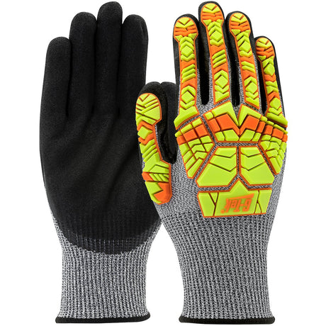 The PIP G-Tek PolyKor Gloves, featuring nitrile MicroSurface Grip on the black palms for superior handling, include padded fluorescent yellow and orange backs that offer both impact protection and enhanced visibility. Additionally, the textured grey fabric ensures safety and comfort.