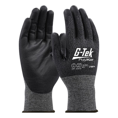 Introducing the PIP G-Tek PolyKor Blended Touchscreen Glove 16-541. These black gloves, sold in sets of 12 pairs, feature a polyurethane-coated textured grip on the palm and fingers. The back displays the brand logo alongside cut resistance details like "A3" and "3X9T0" for enhanced durability. Additionally, they offer touchscreen compatibility for your convenience.