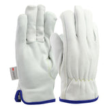 The PIP Premium Top Grain Cowhide Leather Drivers Glove 77-269, offered by PIP - Protective Industrial Products, features a chic design with white leather accented by blue trim and yellow stitching. These gloves include a keystone thumb for enhanced flexibility and come with a small tag on the side. They are ideal for work or protective applications.