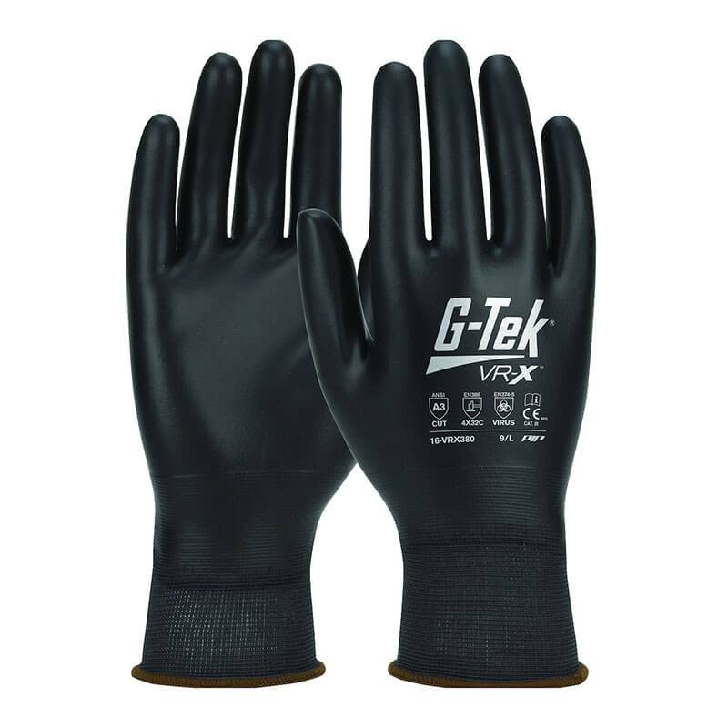 The PIP G-Tek VR-X Cut Protection Polykor Gloves, offered in black and sold in packs of 12 pairs, feature a seamless knit PolyKor construction with certification icons and text on the back for enhanced protection and cut resistance. These gloves are also touchscreen-compatible, providing convenience while ensuring safety.