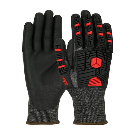 The PIP G-Tek PolyKor X7 Impact Protection NeoFoam Coated gloves feature enhanced grip with a NeoFoam-coated palm. They are designed with a black surface accented by red on the back and a gray textured knit wrist cuff to provide comfort and style.