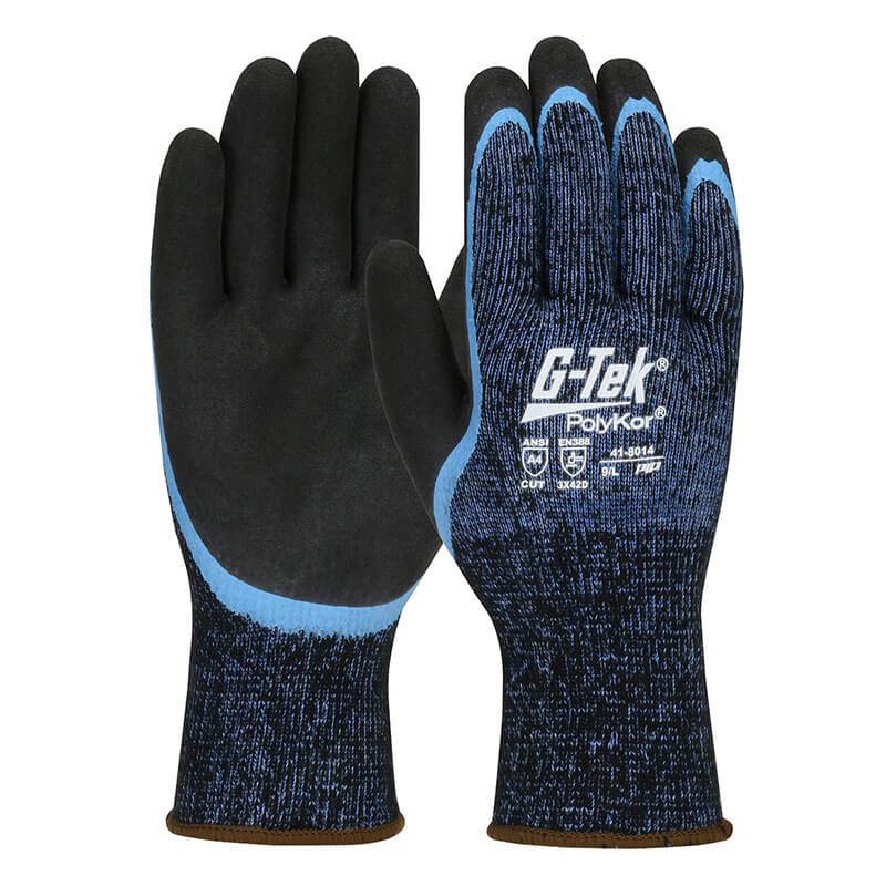 The PIP G-Tek PolyKor/Acrylic gloves, model 41-8014, provide cold weather protection with their black palms featuring Double-Dip Latex MicroSurface Grip and blue textured fabric on the back. Safety icons indicate their cut and impact resistance. Brown-trimmed cuffs ensure a secure fit.