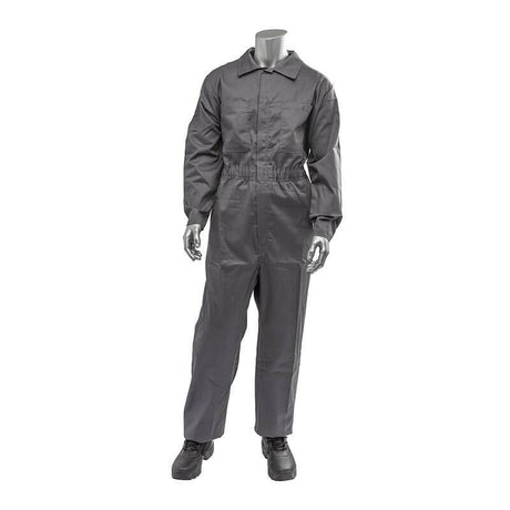 A silver mannequin dressed in a PIP AR/FR Dual Certified Economy Coverall 9100-2000E in dark gray with an ARC rating, featuring a collar, long sleeves, and front pockets, stands against a plain white background. It is paired with black boots.