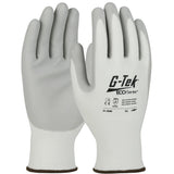 A pair of PIP G-Tek ECO Yarn/Spandex Foam Grip Gloves, featuring a recycled yarn construction in grey with white cuffs, is displayed from both the back and palm sides. These gloves are CE certified, equipped with nitrile coating for improved grip, and are identified by model number 31-330R. The size 9/L is marked on the back of the left glove.