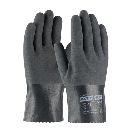 A pair of PIP ActivGrip Nitrile Coated 10" gloves showcases a black textured surface designed for work with a MicroFinish Grip and a smooth finish on the wrists. The gloves have a cotton liner, bear text indicating brand safety certifications, and are manufactured by PIP - Protective Industrial Products.