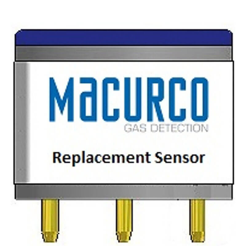 A rectangular AimSafety Replacement Sensor with a blue top, silver body, and four gold prongs at the bottom. The label displays "AimSafety" and product details.