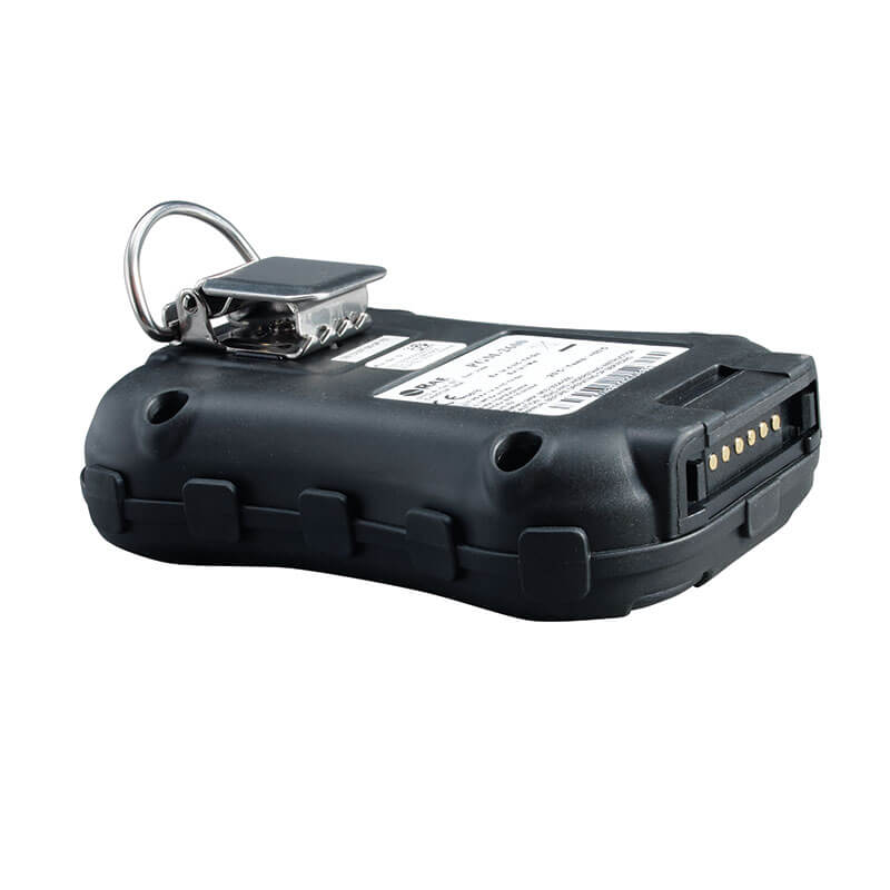A durable black device by RAE Systems with metal clip, keyring, barcode label, and gold contact pins—designed for use with the MicroRAE 4-Gas Diffusion Monitor M031-1111-200 wireless gas detector.