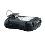 A durable black device by RAE Systems with metal clip, keyring, barcode label, and gold contact pins—designed for use with the MicroRAE 4-Gas Diffusion Monitor M031-1111-200 wireless gas detector.