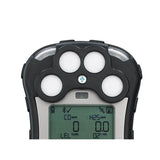 Close-up of the top section of the RAE Systems MicroRAE 4-Gas Diffusion Monitor M031-1111-200, displaying four circular sensors and a digital screen with gas readings and symbols.