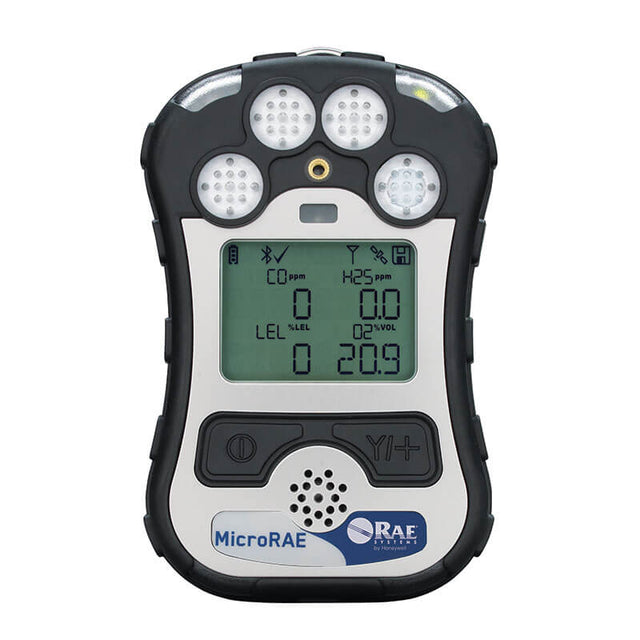 The MicroRAE 4-Gas Diffusion Monitor M031-1111-200 by PK Safety Supply provides real-time readings of CO and H2S on its display, featuring intuitive control buttons. Its durable casing ensures longevity, while wireless connectivity enhances its features.