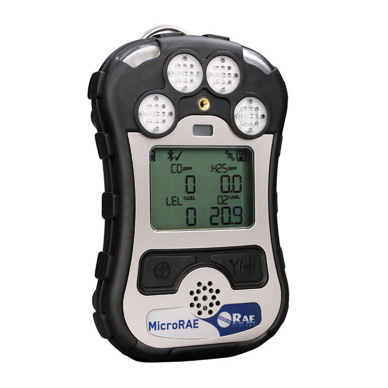 The MicroRAE 4-Gas Diffusion Monitor M031-1111-200 by RAE Systems is a handheld wireless detector with a digital display, four circular sensors, and buttons, and is part of the Honeywell ConneXt Safety Ecosystem.