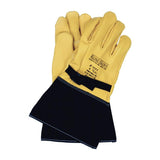 A pair of NSA Kunz Premium Goatskin High Voltage Protector gloves in yellow, featuring black cuffs and stitching with an Arc Rating of 35 cal/cm². These gloves display the NSA brand logo and specifications on the back, designed for enhanced safety as high voltage protectors.