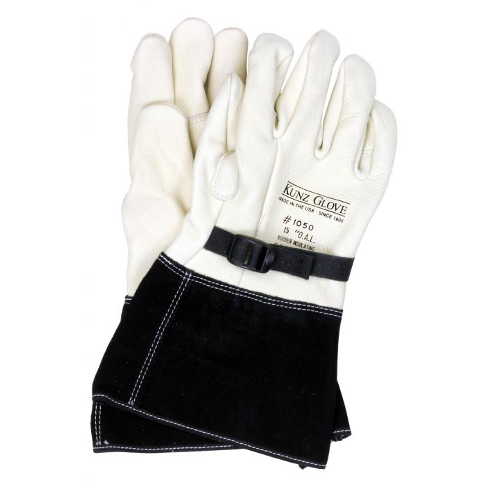 These high-quality gloves, known as the NSA Kunz Premium Cream Cowhide High Voltage Protector, are crafted with a cream cowhide material and feature black cuffs with an adjustable wrist strap. The sleek leather design is enhanced by sturdy black reinforced sections on the cuffs to ensure added durability.