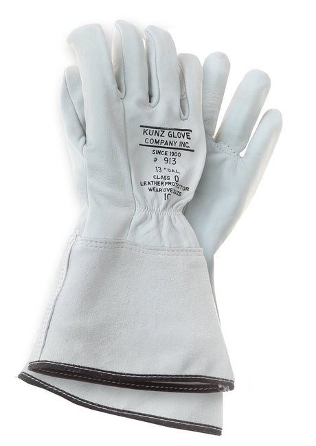 A pair of NSA 913 KUNZ Pearl Goatskin gloves crafted as Low Voltage Protectors, featuring white leather with extended cuffs. One glove is printed with the text "Kunz Glove Company Inc. Since 1900," alongside size and class details. The gloves are displayed with one resting on top of the other, highlighting their quality craftsmanship.